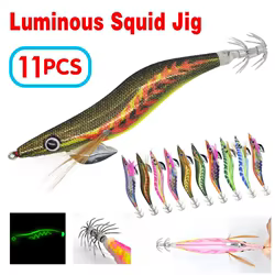 11 piezas 15 g 3,5 #   Cebo de calamar para pesca, plantillas luminosas de madera para camarones, señuelos de pesca, anzuelo, pulpo, camarón, sepia, aparejo de anzuelo de calamar