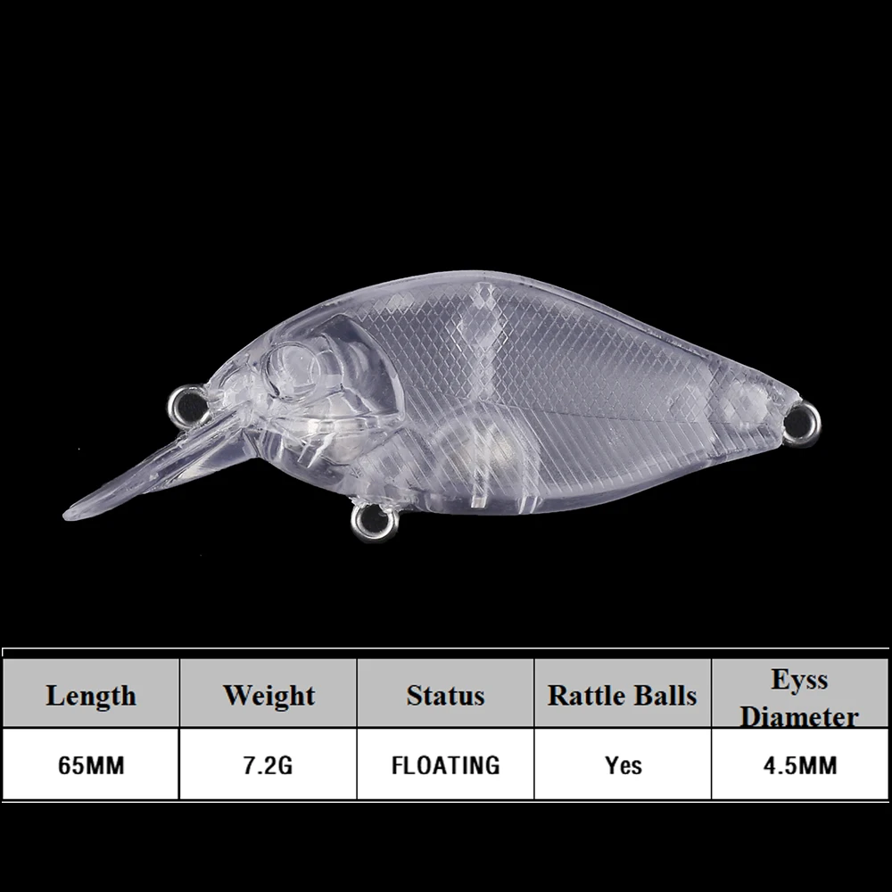 Chan'sHuang-Cebo en blanco sin pintar, cebo flotante de buceo, sonajeros Crankbait, transparente, hecho a mano, 65mm, 7,2g, DIY, 20 piezas - imagen 2