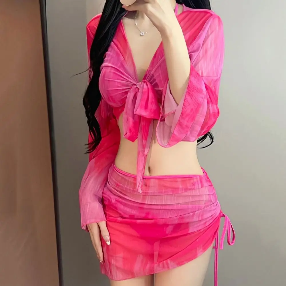 Conjunto de Bikini Tie Dye de malla de manga larga, conjunto de traje de baño de 4 piezas, Top corto con cordones, minifalda con cordón, traje de baño para vacaciones - imagen 5