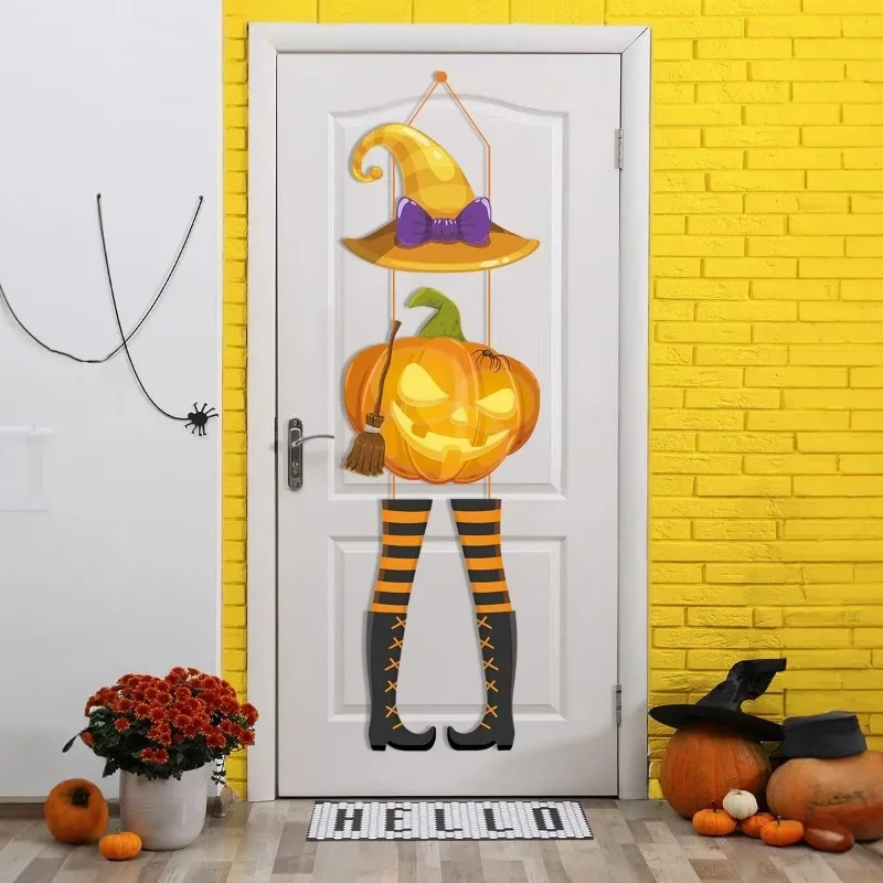 Nuevo cartel colgante de calabaza de Halloween, pancartas de truco o trato de murciélago de bruja espeluznante, decoración de puerta delantera, decoraciones de fiesta - imagen 3