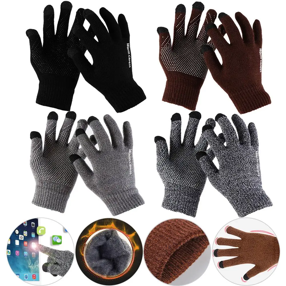 Guantes de pantalla táctil para hombre y mujer, manoplas de invierno cálidas de lana elástica tejidas con dedos completos, antideslizantes - imagen 4