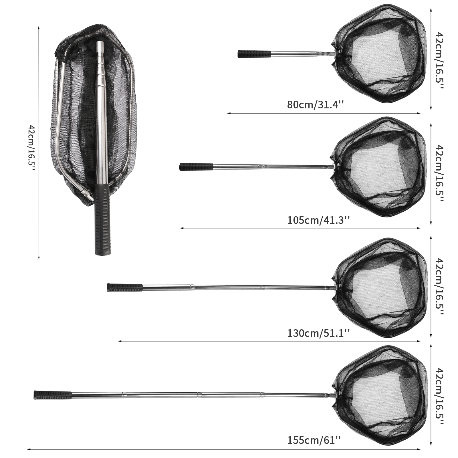 Red de aterrizaje de pesca con mango de poste telescópico, extendido hasta 42-155CM, red de pesca telescópica portátil de agua dulce para liberación de captura - imagen 5