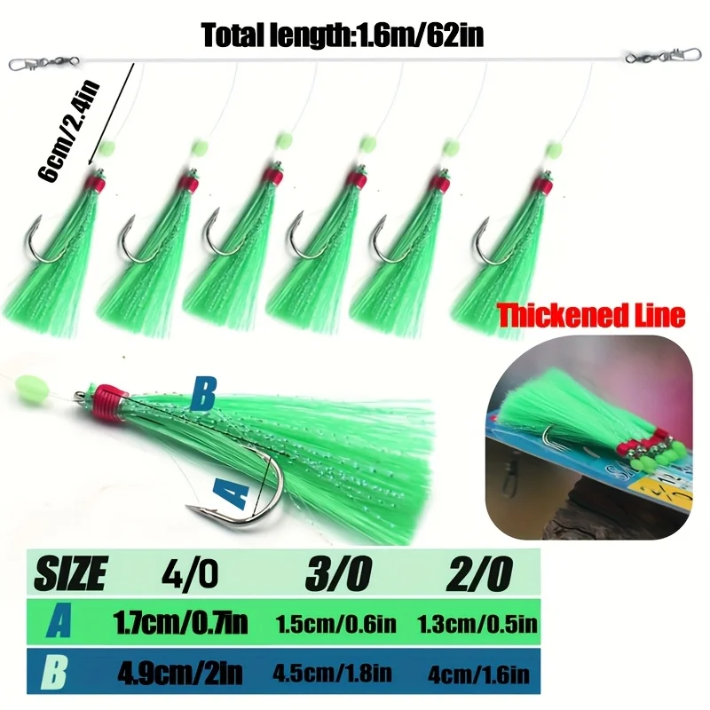 1 paquete/6 anzuelos de aparejos de pesca Sabiki preatados con anzuelo afilado de acero al carbono 2/0, 3/0, 4/0 línea gruesa, aparejo de pesca de mar - imagen 3