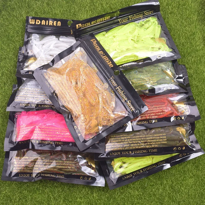 50 Uds gusanos señuelo de pesca cola en T cebos blandos 50mm 0,8g plantilla de pesca Wobbler cebo de lubina pesca Artificial señuelo suave tacke