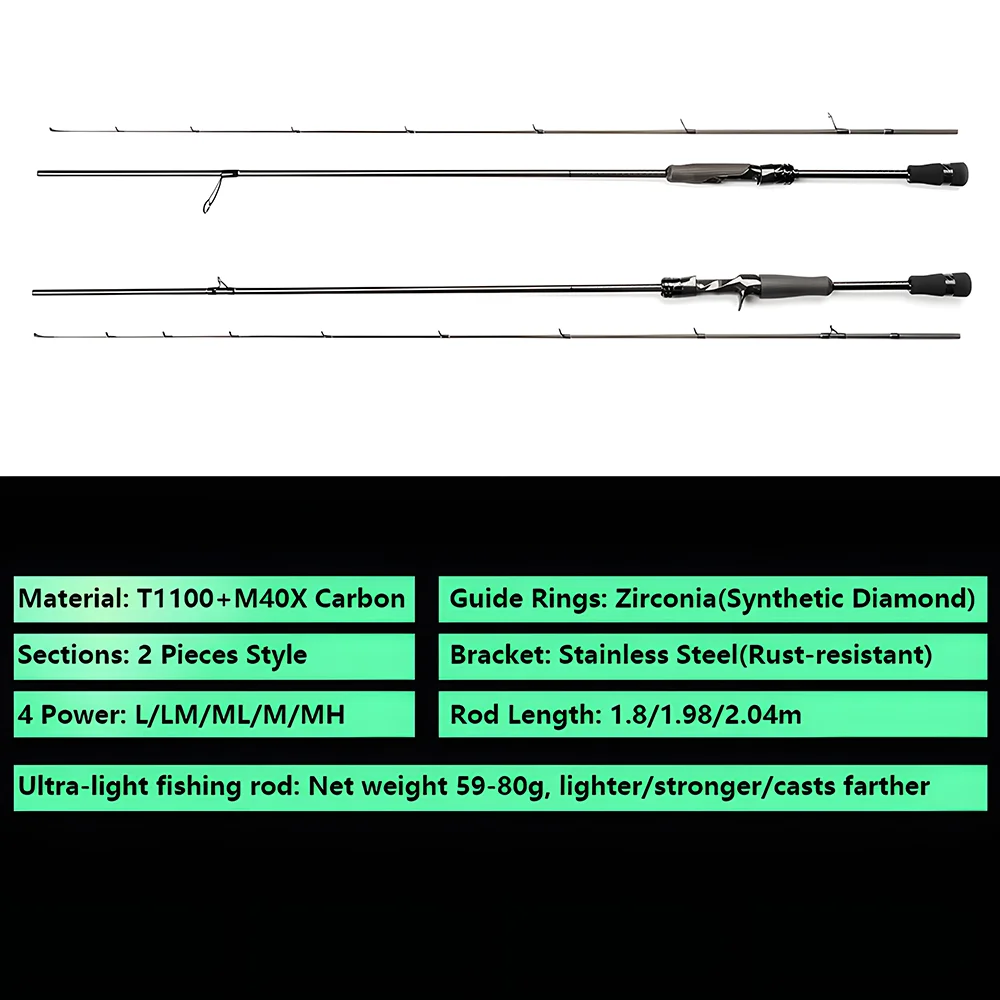 Caña de pescar ultraligera con señuelo de fibra de carbono T1100 para carpa, lubina, trucha, L ML M MH 1,8 m 1,98 m 2,04 m, caña de pescar giratoria - imagen 2