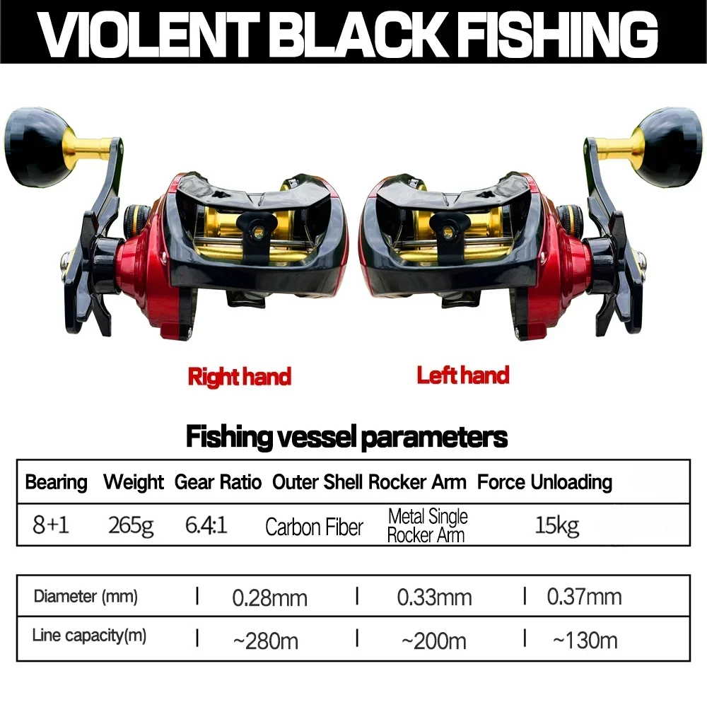 Carrete de pesca Baitcasting de gran juego, carrete de Metal izquierdo y derecho profundo 6,4: 1 8 + 1BB, carrete de fundición de juego ligero Finesse, arrastre máximo de 15kg - imagen 4