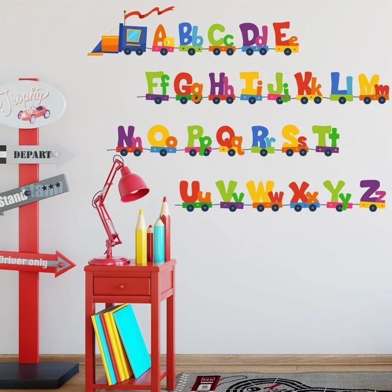 Tren de coche de dibujos animados, 26 letras del alfabeto, pegatinas de pared para habitaciones de niños, decoración del hogar, pegatina de pared para niños, accesorios de decoración de habitación - imagen 5