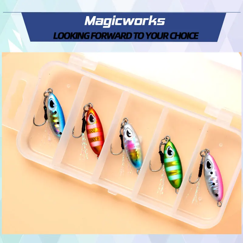 Magic Works Micro Jig caja de señuelos pequeños 7g 10g 15g 5 uds caja de Señuelos de Pesca cebos de peces falsos Shore Jigging Woblery de mar cebo Artificial - imagen 5