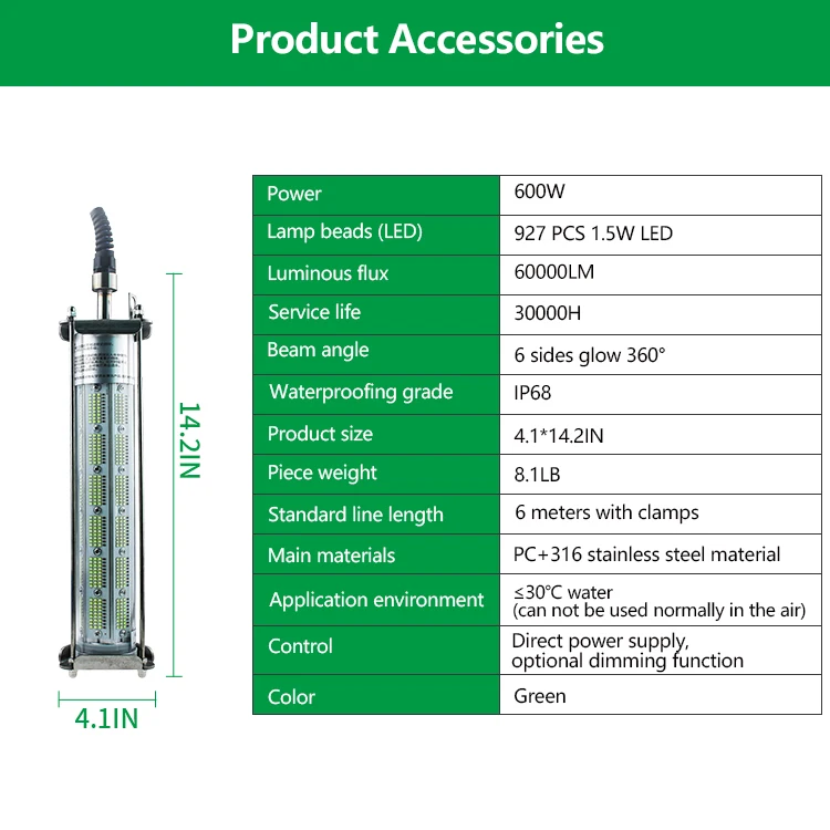 Venta caliente 600W iluminación de aguas profundas luz ajustable acumulación submarina de calamares LED 600W lámpara de pesca verde submarina - imagen 5