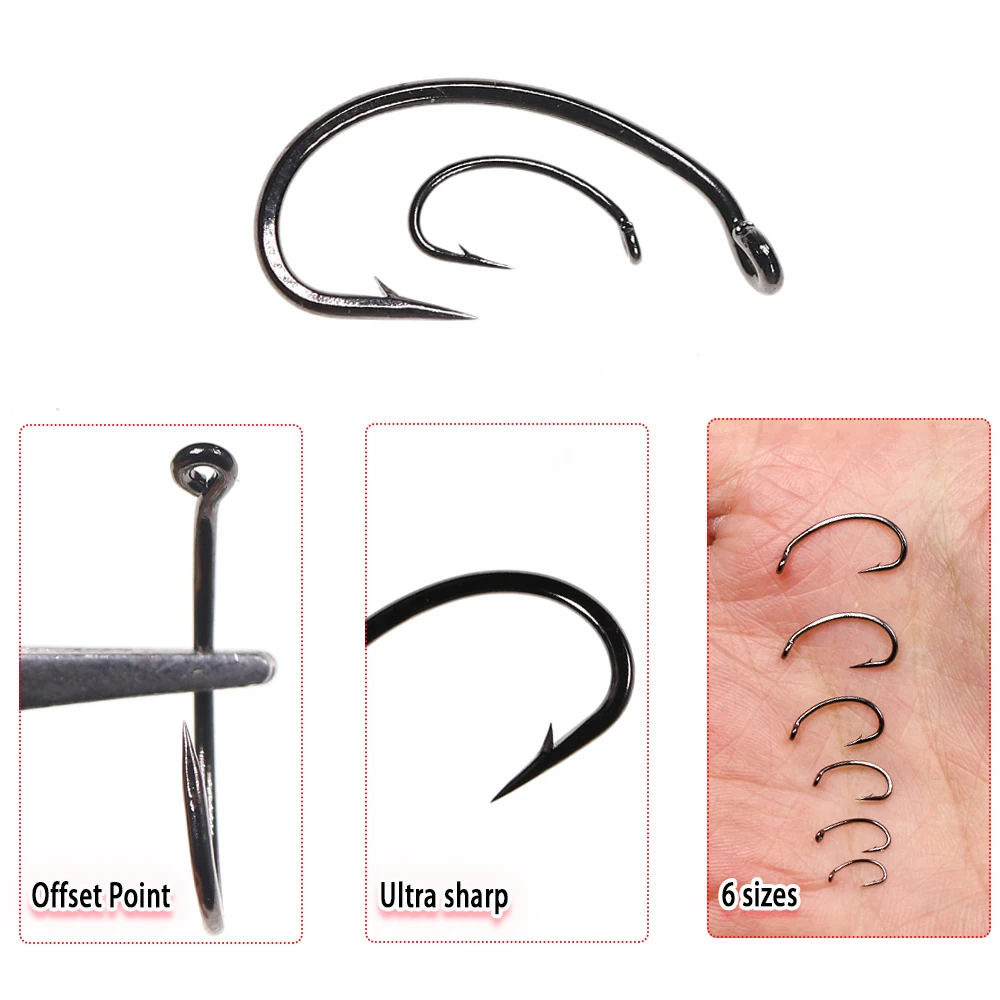 Wifreo-anzuelos curvos para pesca con mosca, anzuelos de 100 piezas, para hacer moscas, ninfa, Bug, Midge Caddis, gambas, Pupae, larvas - imagen 4