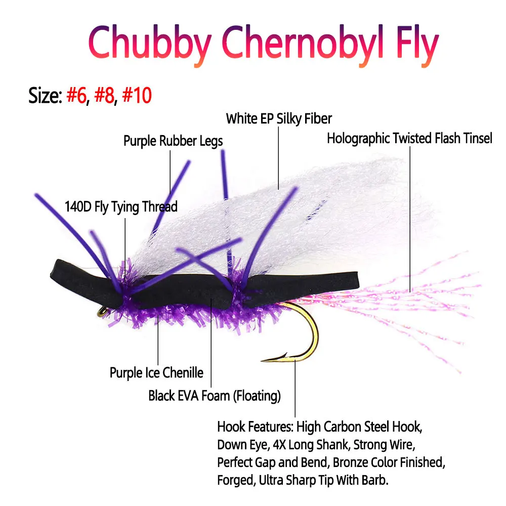 Bimoo 6 piezas # 6 # 8 # 10 blanco púrpura Chubby Chernobyl mosca flotante espuma Topwater saltamontes mosca seca trucha lubina Señuelos de pesca cebos - imagen 2