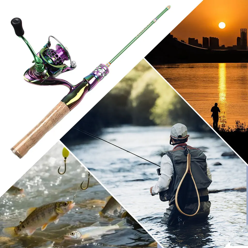 Caña de pescar con señuelo micro colorida, fibra de carbono telescópica portátil con carrete, todas las aguas, agua dulce, agua salada, Universal
