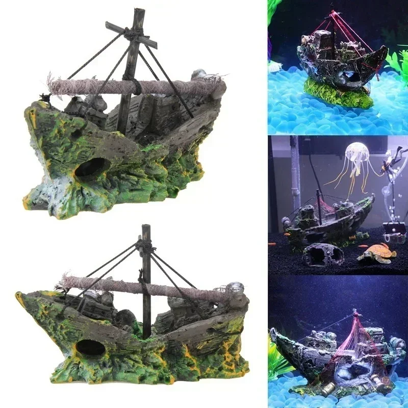Barco hundido pirata, tanque de peces de resina Retro, adorno para acuario, paisaje, decoración creativa para acuario, accesorios para pecera - imagen 3