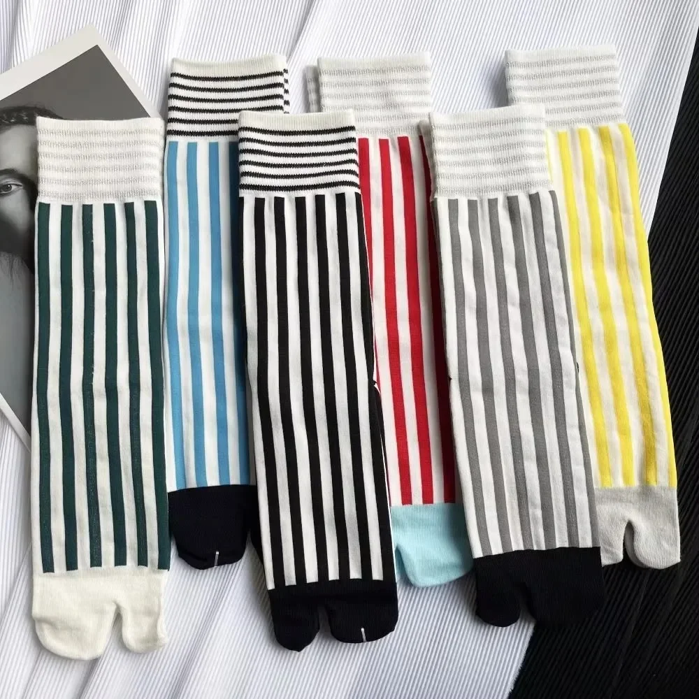 Calcetines Tabi Harajuku – Punta abierta rayas algodón peinado - imagen 3