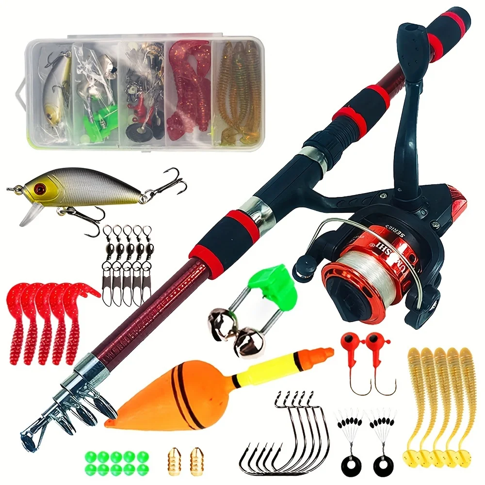 Este kit de pesca incluye un carrete de caña, señuelos, ganchos y accesorios para una experiencia de pesca divertida y productiva.