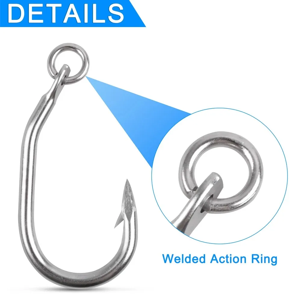 12 Uds. Anzuelos de pesca de atún, cebo vivo de agua salada, anzuelo de pesca de acero inoxidable, juego grande, anzuelos circulares anillados para atún, bagre, tiburón - imagen 5