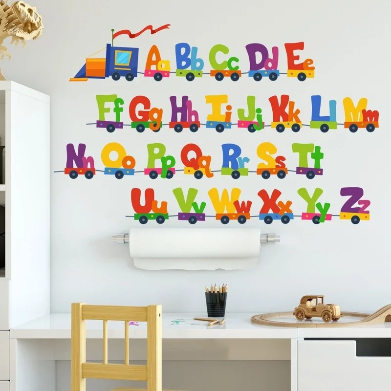 Tren de coche de dibujos animados, 26 letras del alfabeto, pegatinas de pared para habitaciones de niños, decoración del hogar, pegatina de pared para niños, accesorios de decoración de habitación - imagen 2