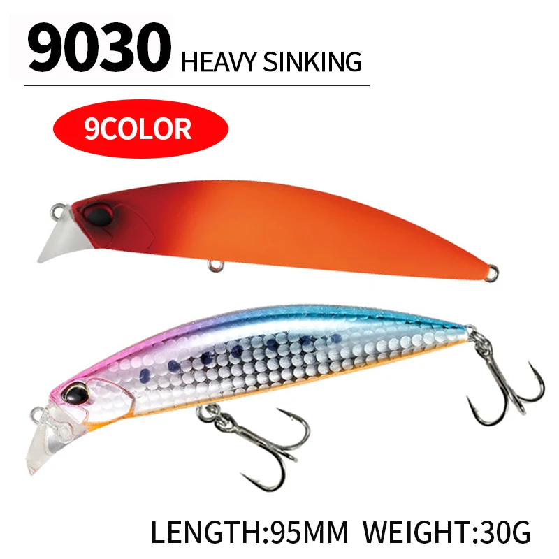 Señuelo de Pesca de pececillo Jerk pesado, 95mm/30g, hundimiento, Wobblers rodante de fundición larga, manivela para lubina, Pesca de agua salada - imagen 5