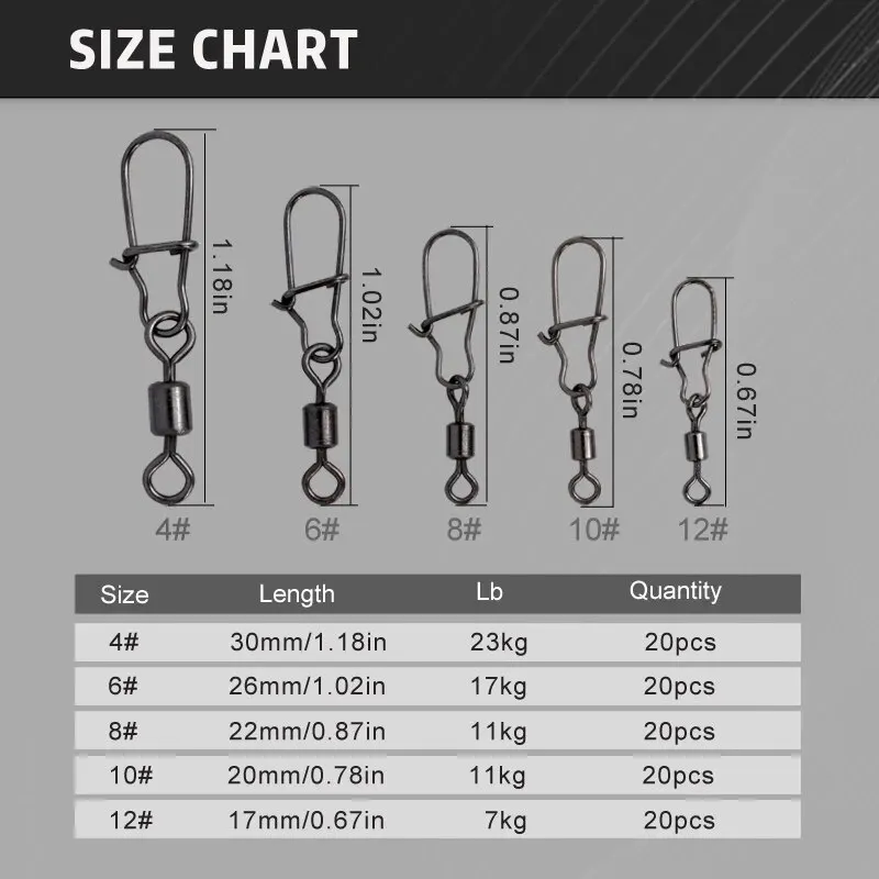 100 piezas/caja de acero inoxidable conector de pesca Pin 4 #6 #8 #10 #12 # rodamiento giratorio con gancho a presión - imagen 2