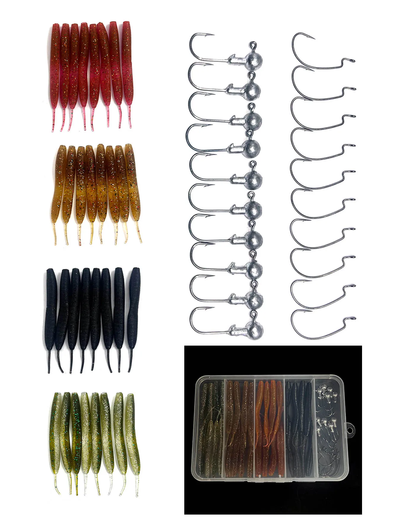 Donglexian-Juego de cola de aguja de haya, caja de plástico, embalaje de silicona, cebo de pesca, anzuelo de cabeza de plomo, anzuelo de manivela, pesca al aire libre, 52 unids/lote por caja - imagen 3