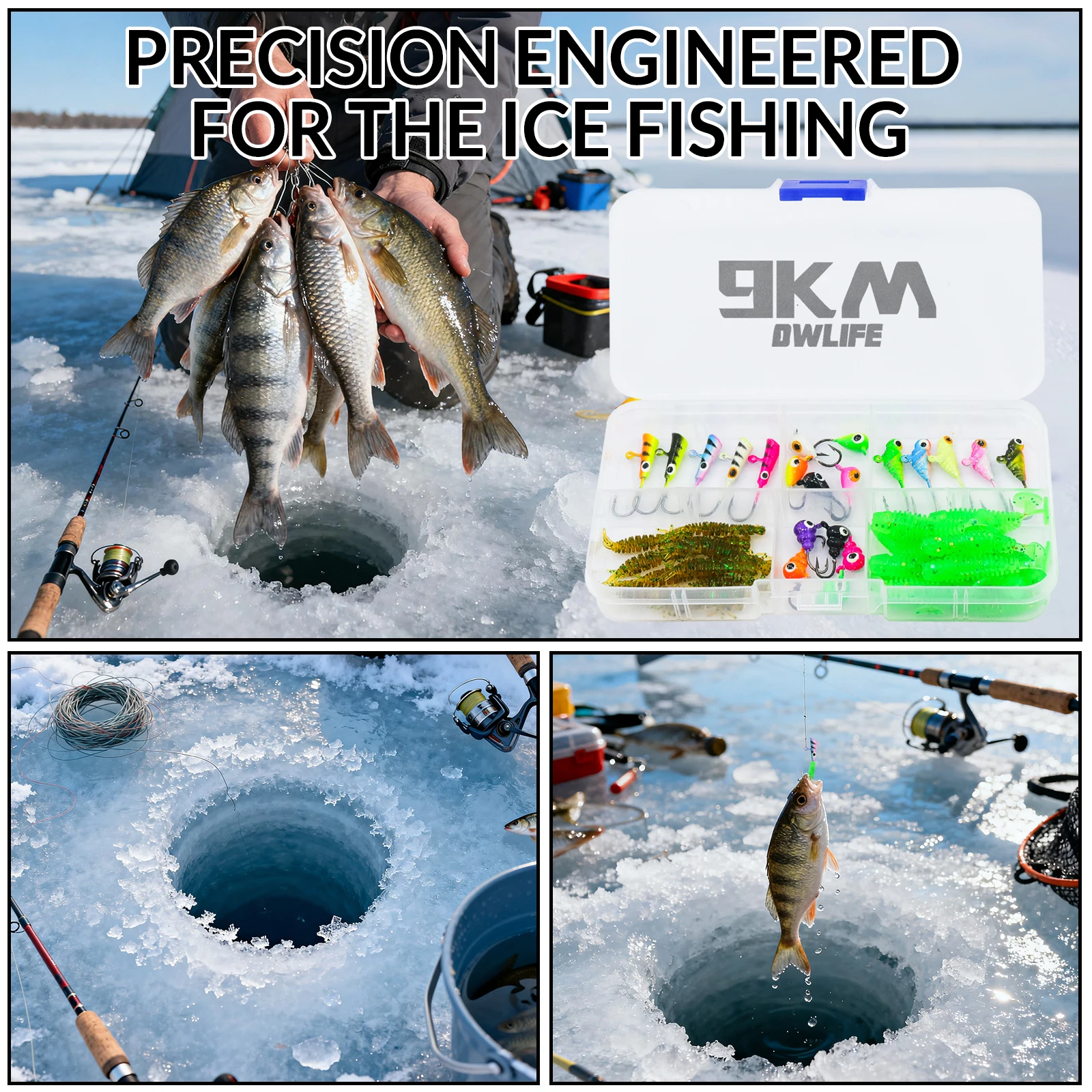 Kit de plantillas y señuelos de pesca en hielo de 9KM, anzuelo con cabezales para Panfish, tipo de pez, trucha, Walleye, juego de equipo de pesca en hielo con cebos blandos - imagen 5