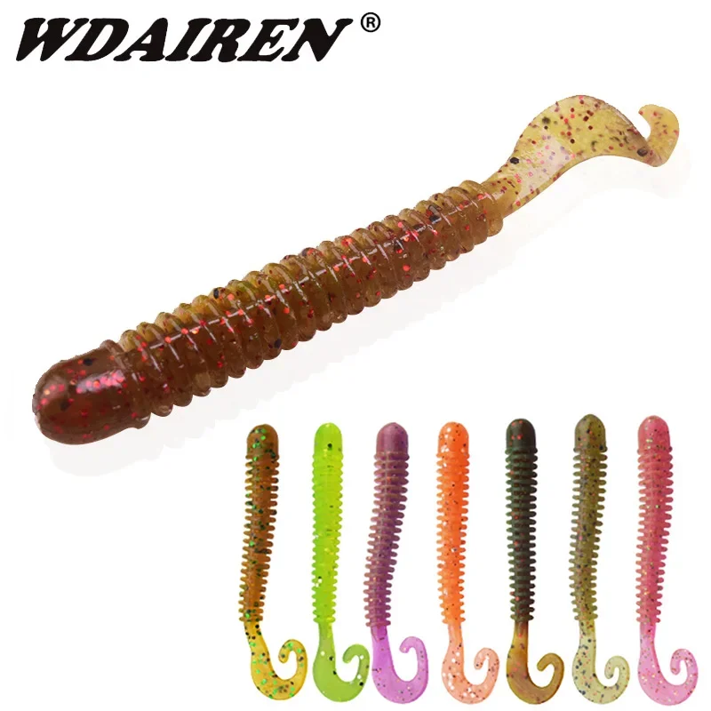 10 Uds gusanos cebo suave de silicona 6,5 cm 1,3g Jig Wobblers Señuelos de pesca atractivo olor a camarón sal cola giratoria aparejos de carpa lubina