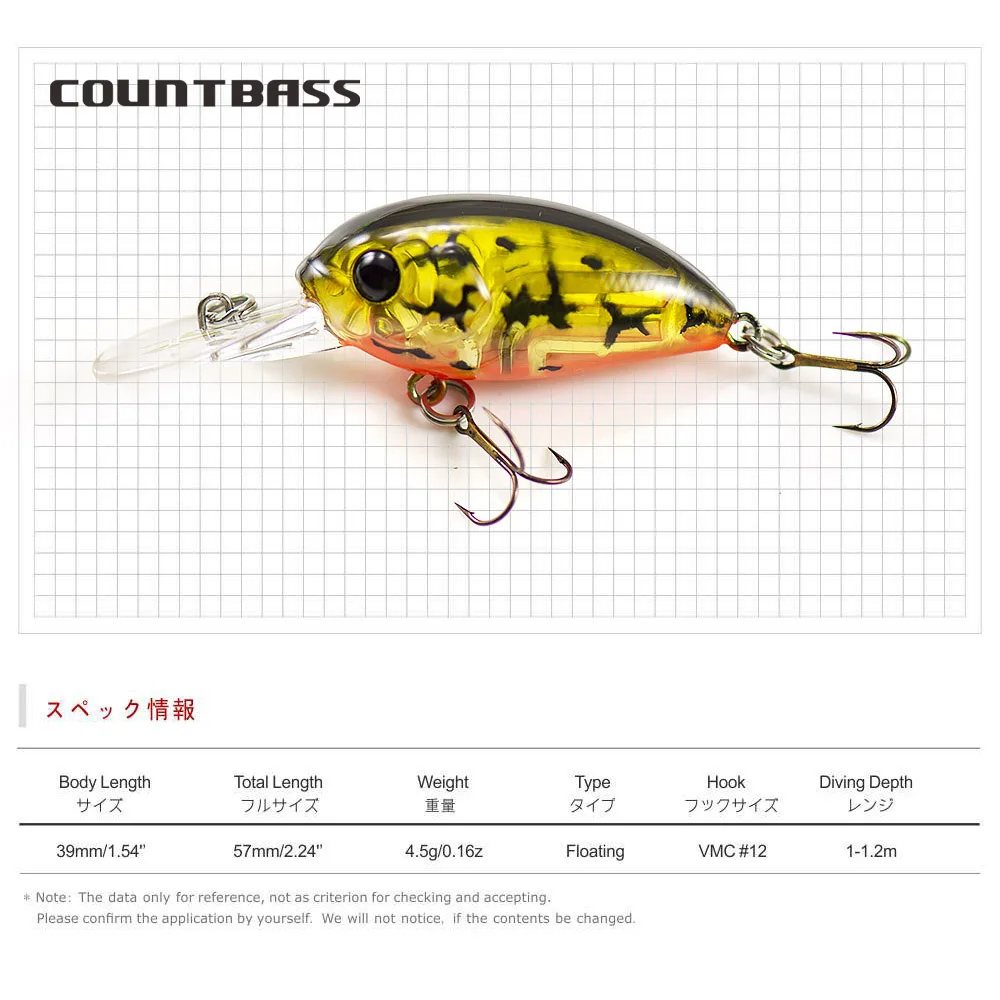 Manivela Countbass 39mm 1-1/2" 4,5g 5/32 oz. Buceo Baño profundo de 1-1,2 m con anzuelos VMC, cebos duros, señuelos de pesca, Crankbait Wobblers