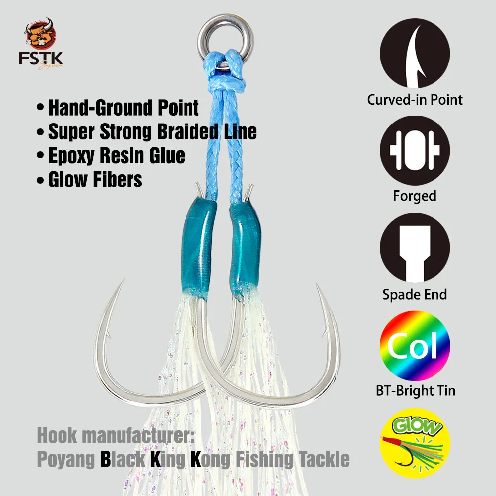 Gancho FSTK Metal Jig Glow Feather Assist Hook12 # 13 # 14 # Gancho de acero con alto contenido de carbono, pegamento epoxi, anzuelo doble, anzuelo de pesca de mar, Jigging lento - imagen 3