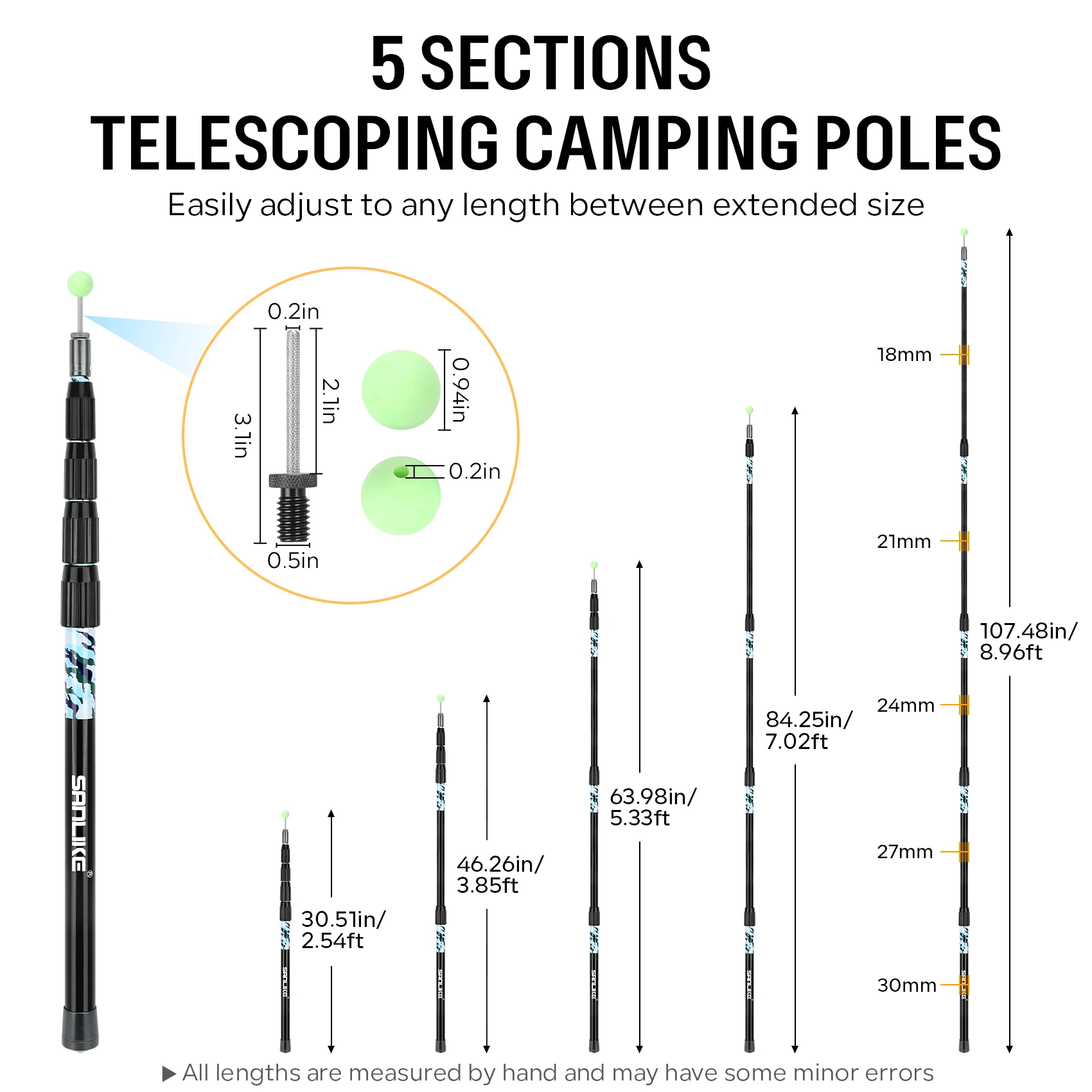 SANLIKE-postos telescópicos impermeables de 2,7 m, postes ajustables de fibra de carbono con tapas iluminadas para toldos para acampar al aire libre - imagen 2