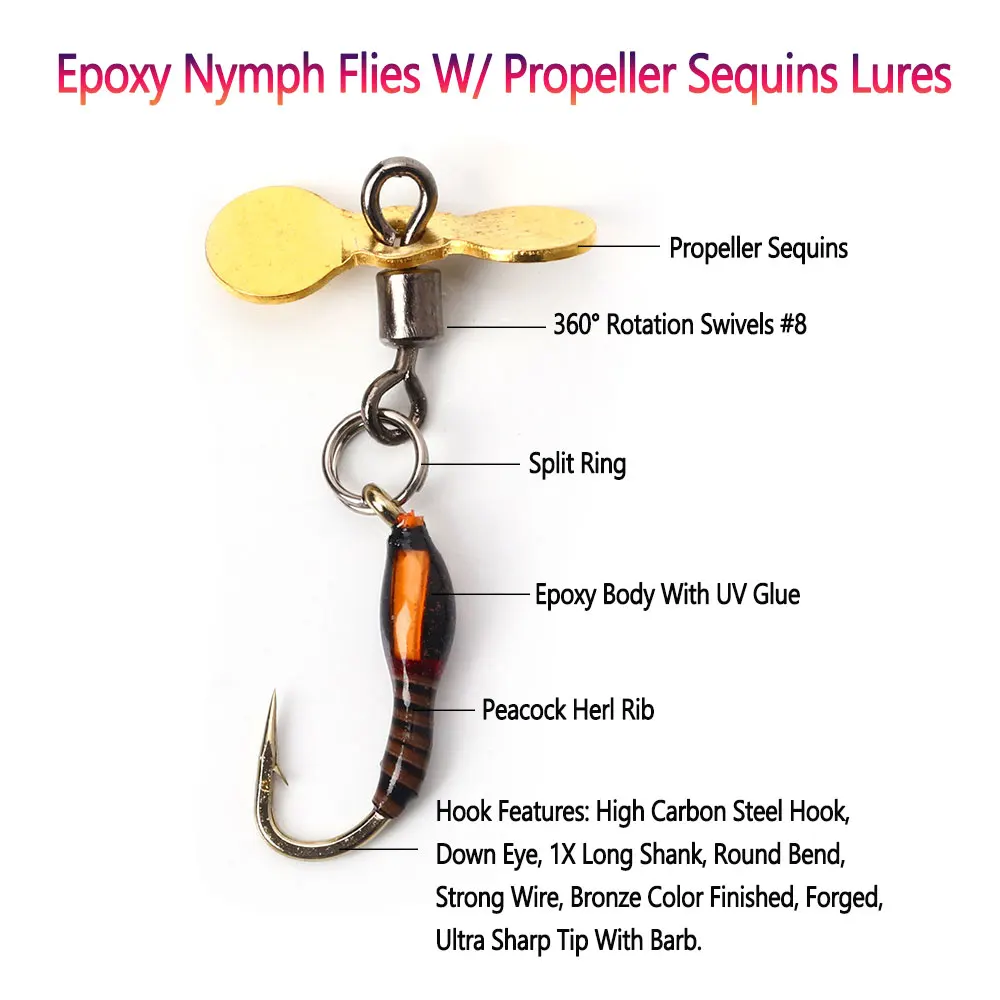 Bimoo-señuelos para insectos naturales, anzuelos para moscas, hélice de pesca con mosca, anzuelo de lentejuelas, trucha, epoxi, ninfa, Midge, señuelo de pesca con mosca - imagen 2