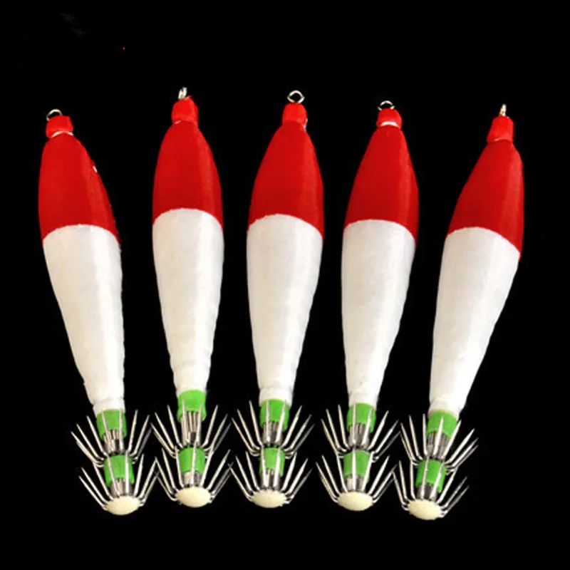 Camarones de madera plásticos del gancho del anzuelo del calamar del camarón que brillan en la oscuridad 4 # Rollo de tela Señuelos de pesca Lote 5 piezas