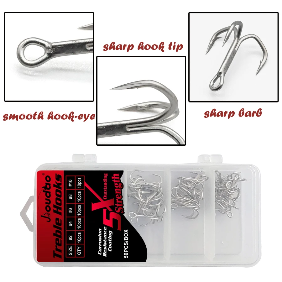 Juego de anzuelos de pesca triples, 50 Uds., anzuelos de pesca triples de acero al carbono, anzuelos redondos fuertes y afilados para pesca en agua salada, 5 tamaños mixtos - imagen 3