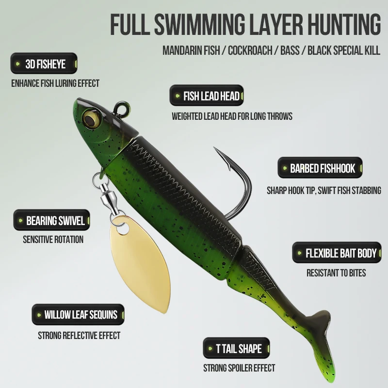 TAIYU, juego de 6 piezas, 9cm, 15g, anzuelo con cabeza de plomo, cola en T, señuelo de pesca envuelto en plomo, cebo suave, brillo nocturno, señuelo de pesca de mar, cebo suave im - imagen 4