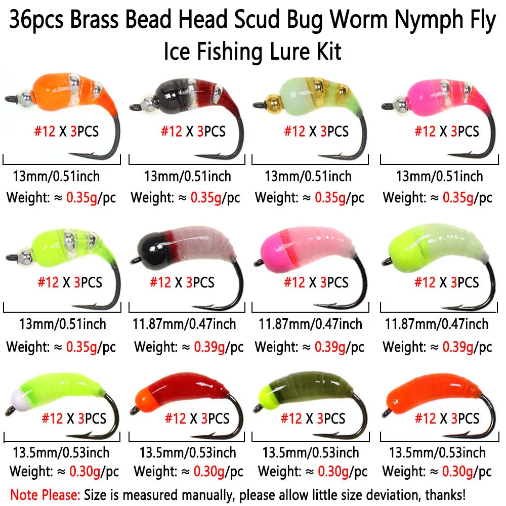Kit/caja de moscas de 36 piezas # 12 cabeza de cuentas de latón de hundimiento rápido epoxi Scud insecto gusano ninfa mosca hielo Señuelos de pesca trucha carppie señuelo de pesca - imagen 2