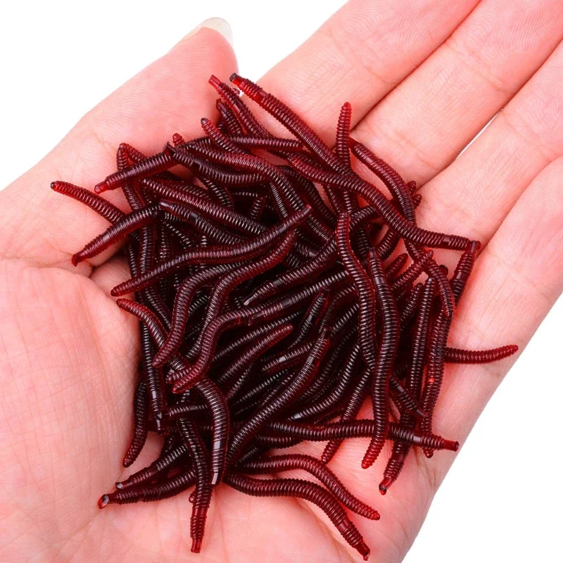 Señuelos blandos de PVC de 3,5 cm, 100 piezas, gusanos rojos realistas, pesca de silicona, gusanos de Camarón, olor a pescado, Señuelos de Pesca artificiales - imagen 5