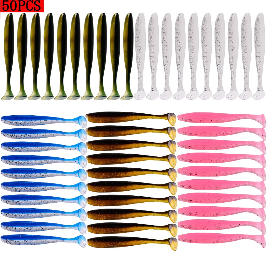 50 Uds Proleurre Shad gusano cebo suave 70mm 2g cola Jigging Wobblers señuelo de pesca aparejos lubina Lucio Artificial silicona Swimbait - imagen 3