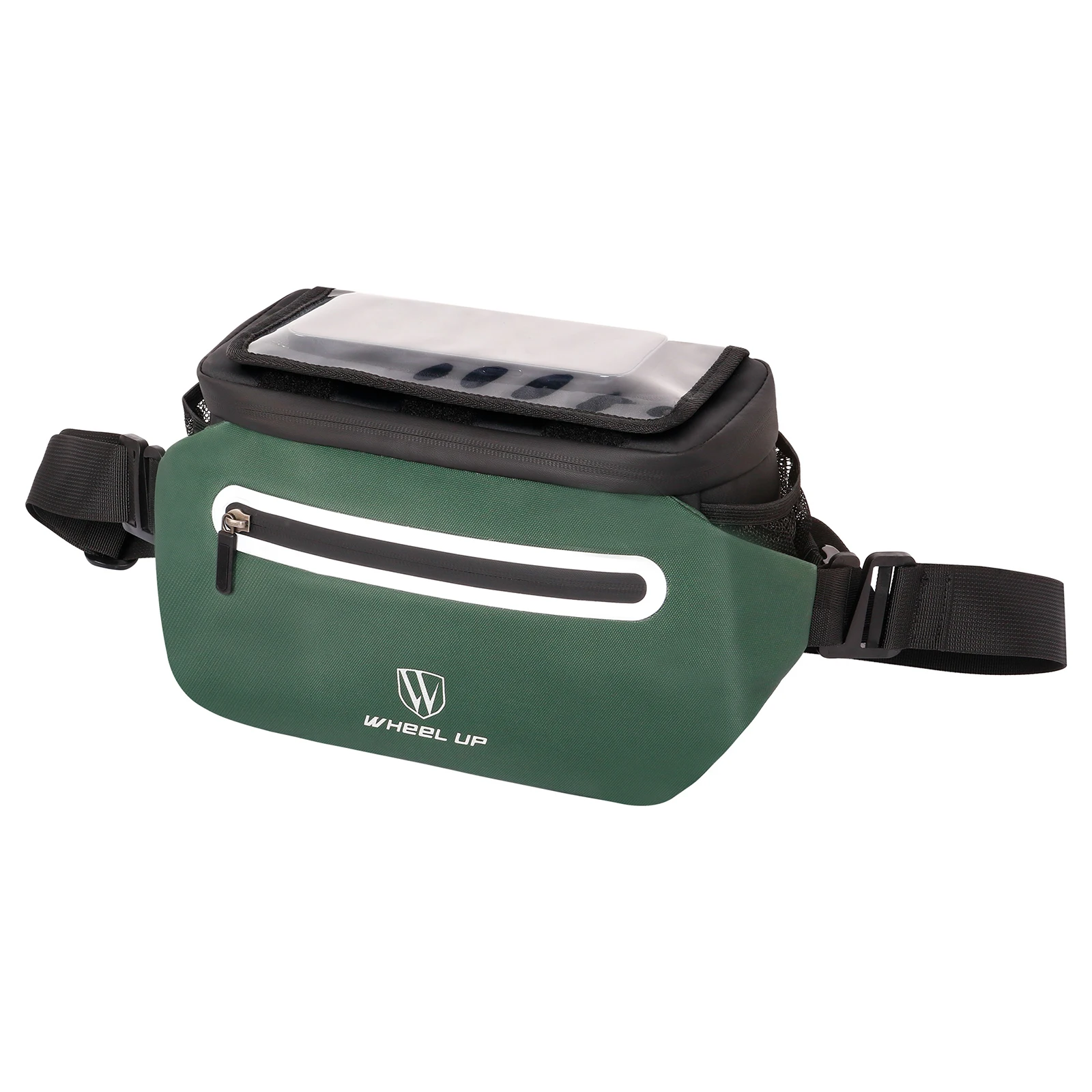 Esta elegante bolsa de cintura verde cuenta con un bolsillo con cremallera y una correa ajustable para conveniencia