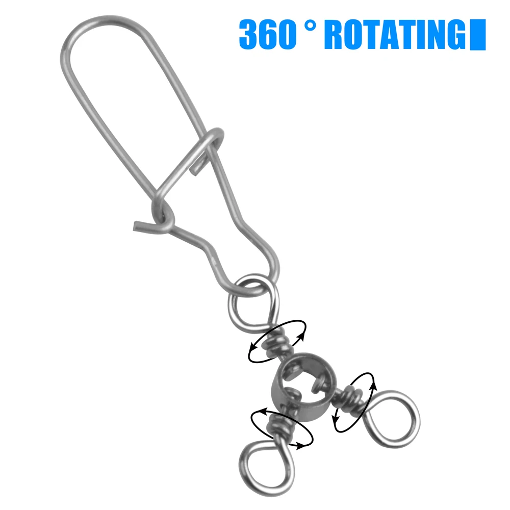 Broches giratorios de 3 vías, 50 piezas, acero inoxidable, línea cruzada, cierre Duo, barril de agua salada, Conector de aparejos de pesca triples giratorios - imagen 4