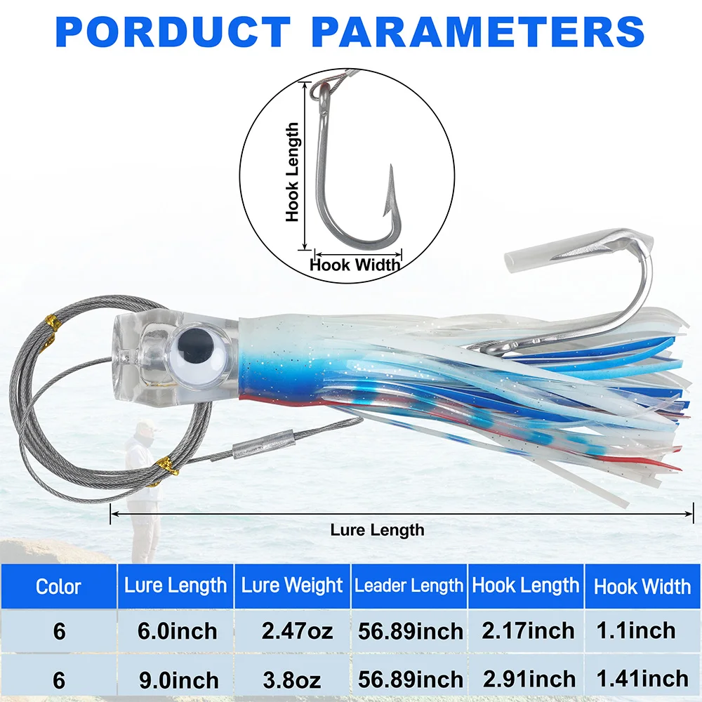 Señuelos de arrastre de agua salada, falda de calamar, juego de señuelos de pesca de aguas profundas, juego grande en alta mar, señuelos de arrastre para atún Marlin Wahoo, 6 uds. - imagen 2