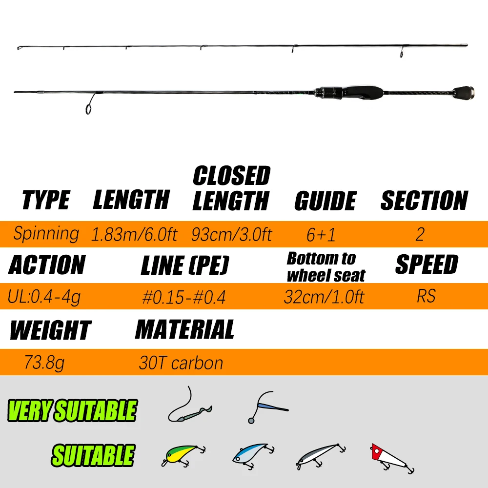 B & U-caña de pescar ultraligera de Punta hueca, aparejos de plantilla giratoria de viaje, guía FUJI, 1,83 m, 0,4g-4g, BFS - imagen 2
