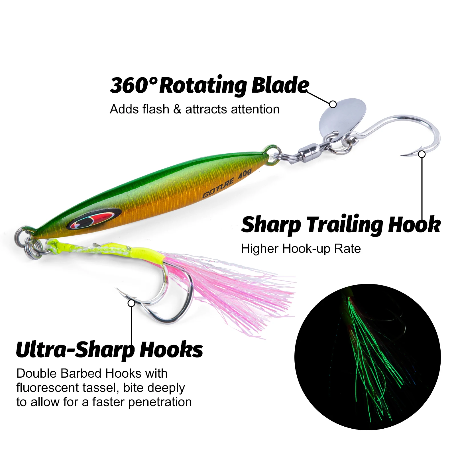 Señuelo de plantilla de Metal Goture, 3 uds., 40g, 50g, 60g, diseño luminoso, hoja giratoria, anzuelo afilado, señuelo de lubina, cebo Artificial, cebo giratorio - imagen 3