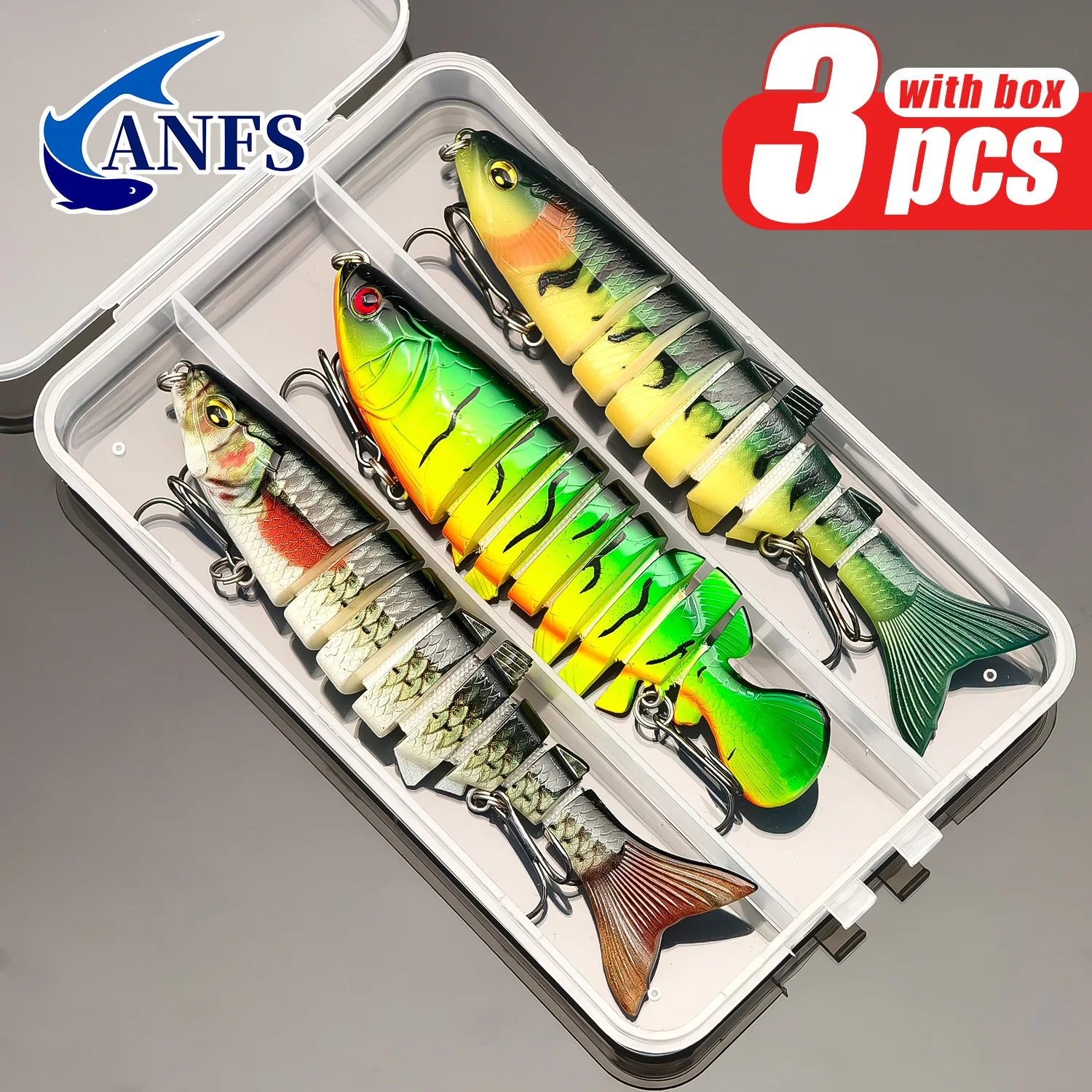 ANFS Kit de señuelos de pesca de 3 piezas, señuelos de pesca con cebo articulado, diseño surtido con caja de almacenamiento, cosas de pesca geniales para pescador