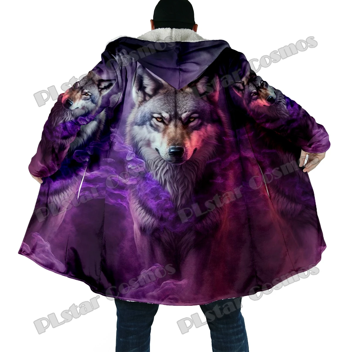 Capa de moda de invierno para hombre, capa con capucha de lana gruesa con estampado 3D de lobo y Luna púrpura, capa cálida informal Unisex BB55 - imagen 4