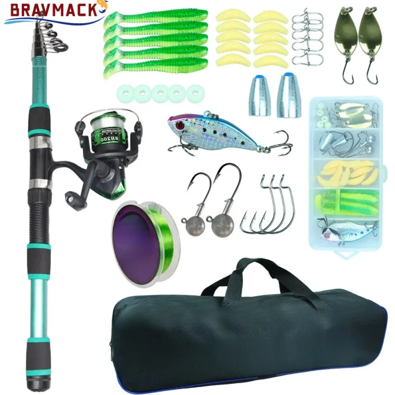 BRAVMACK-caña de pescar y carrete, juego de señuelos, caña de pescar telescópica de fibra de carbono 5,2: 1BB, carrete giratorio para agua dulce y salada