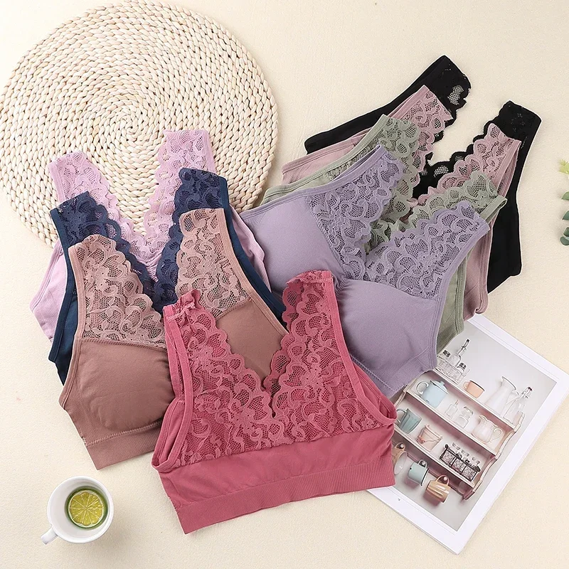 Sujetador deportivo de encaje de talla grande para mujer, Top sin costuras con espalda alta elástica, transpirable, para Yoga y gimnasio, Top deportivo acolchado - imagen 5