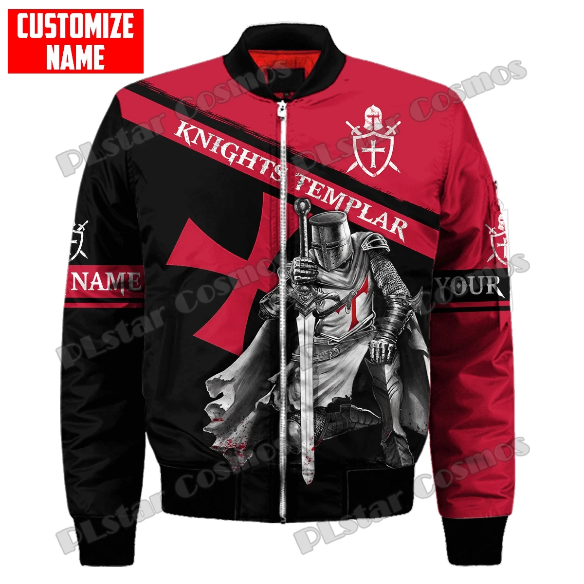 Chaqueta Bomber de invierno para hombre, abrigo con cremallera y bolsillo grueso con estampado 3D de Caballero Templario León, chaqueta cálida informal Unisex con cremallera, FX-14 - imagen 2