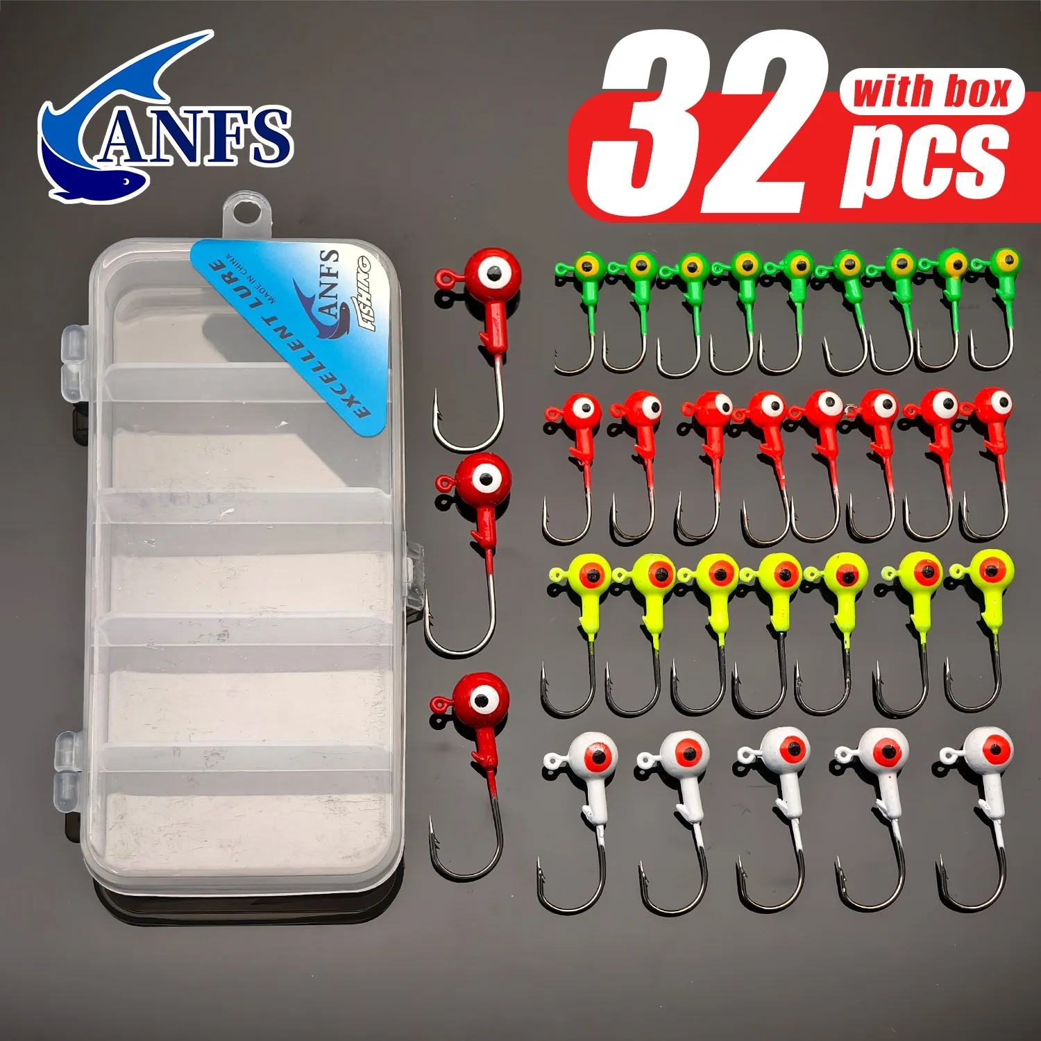 ANFS Juego de anzuelos de pesca con peso afilado mejorado, Kit de anzuelos con cabezales de plantilla de plomo, tamaños surtidos con caja de señuelos, 32 Uds. - imagen 2