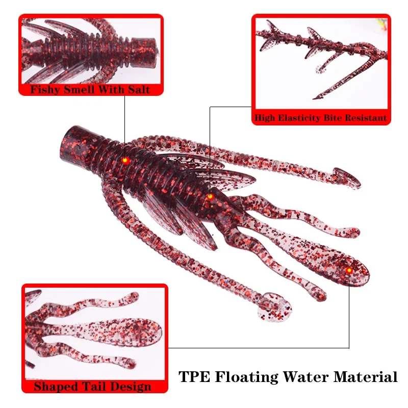 10 Uds. Cebos blandos flotantes de silicona para camarones, 6,3 cm, 2,5g, cola doble giratoria, plantilla loca, Wobblers, Señuelos de pesca de gusanos, sal con olor a pescado - imagen 3