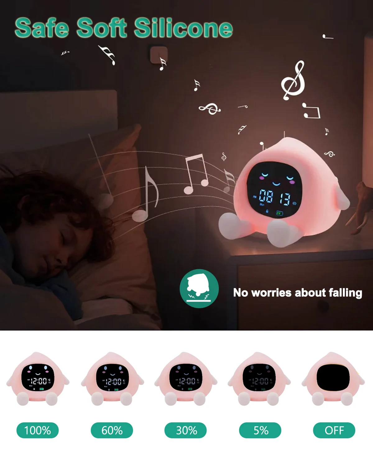 ORIA Reloj despertador infantil recargable con luz nocturna 9 colores - imagen 4
