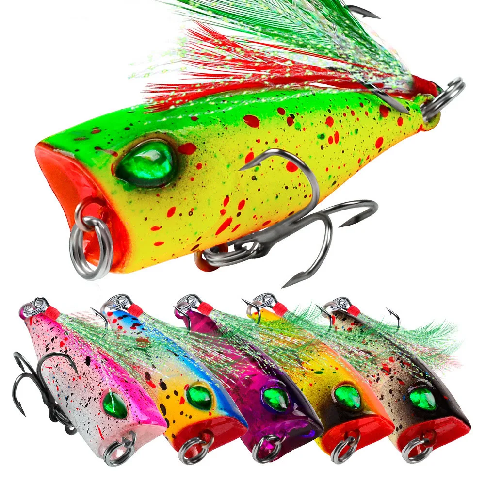 Señuelo Popper de plástico duro, cebo biónico falso de 4,3 cm, 6 colores, 4g con pluma, para agua dulce y salada, equipo de pesca tentador - imagen 3